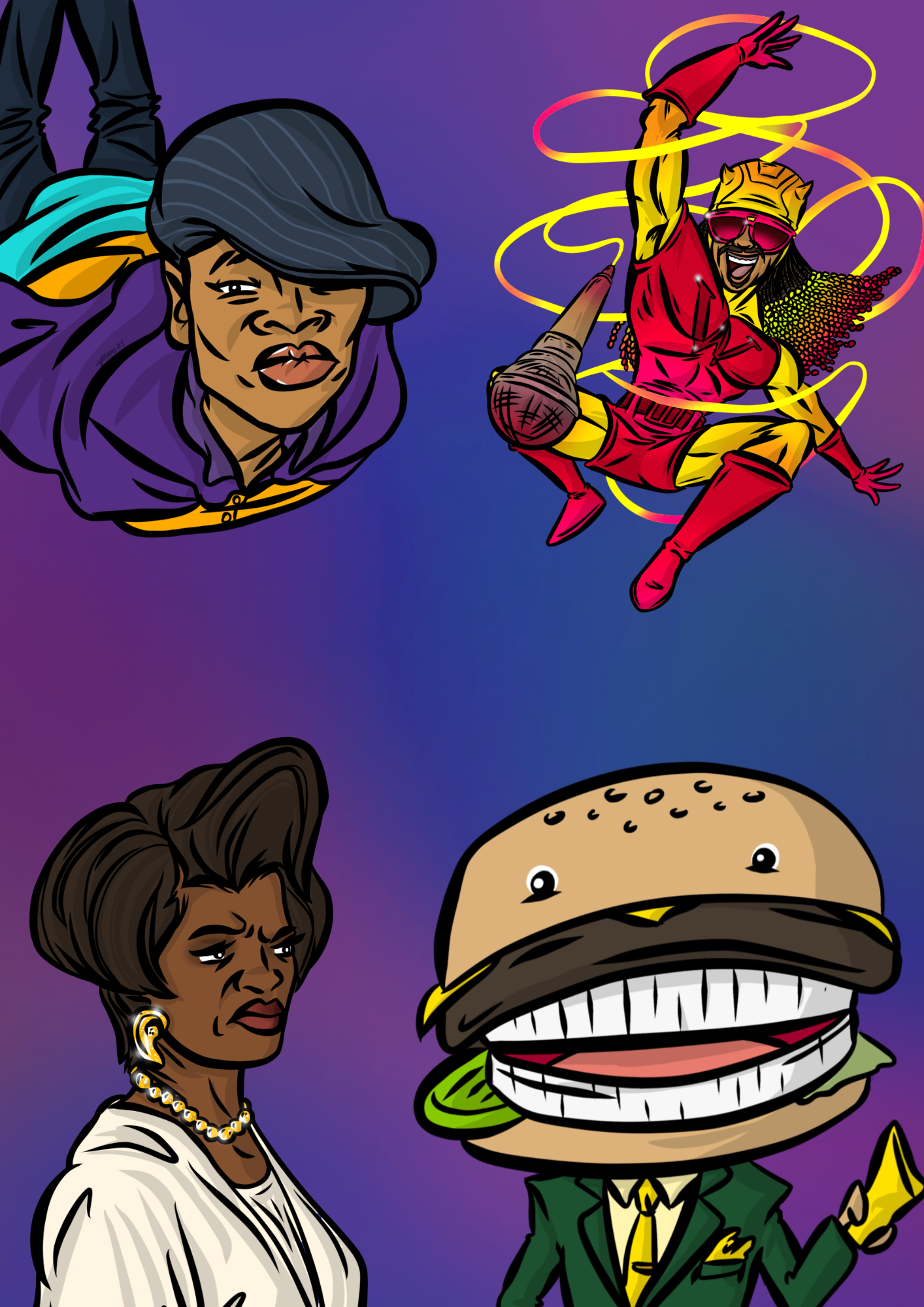 Four original illustrated characters on a purple and blue background
